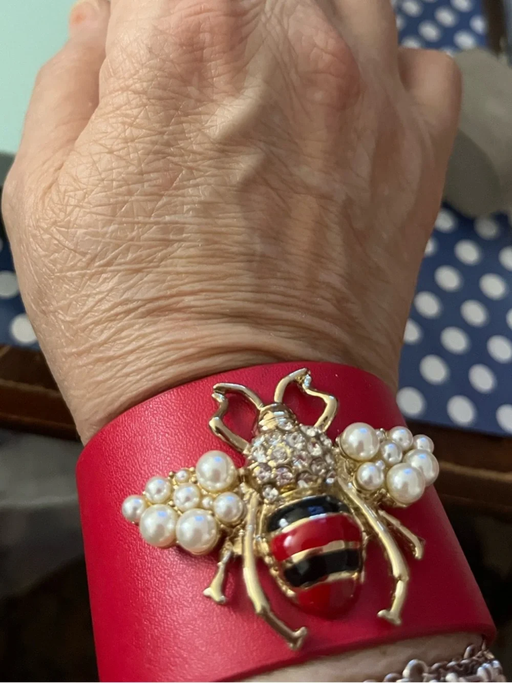 NWOT Red Leather-like Bee Pearl Accent Cuff Bracelet - Picture 7 of 9